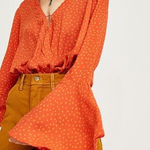 Free People Makin' Waves Polka Dot Bell Sleeve Bodysuit
